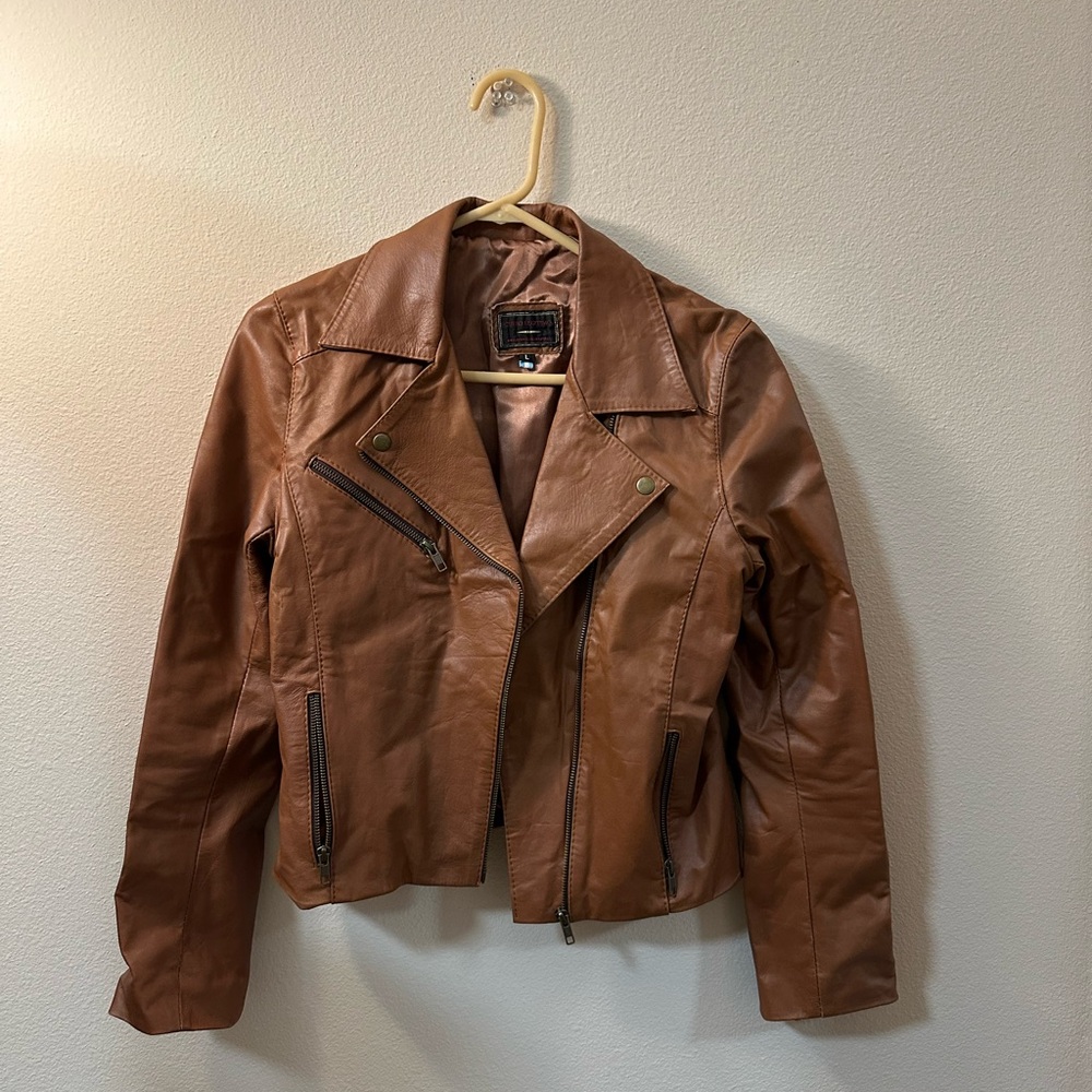 Cognac Brown Moto Crushed Leather with Zipper from Argentina Trendy and Chic